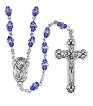 6mm Blue Crystal Glass Beads Rosary with Crucifix and Madonna Center