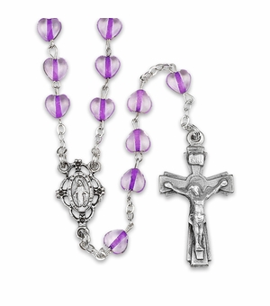 6mm Glass Amethyst Heart Bead Rosary with Crucifix and Miraculous Center