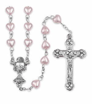 6mm Imitation Pink Pearl Heart Bead Rosary with Crucifix and Chalice Center