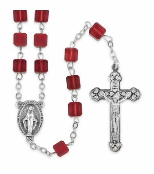 6mm Red Square Glass Bead Rosary with Crucifix and Miraculous Center