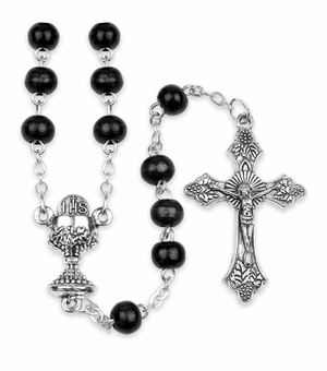 6mm Round Black Wood Bead Rosary with Crucifix and Chalice Center