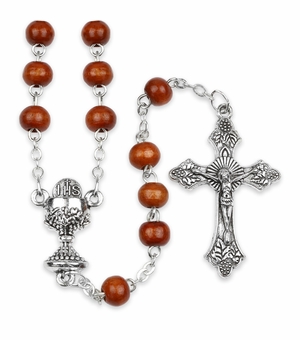 6mm Round Brown Wood Bead Rosary with Crucifix and Chalice Center