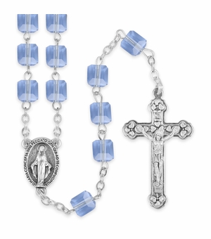 6mm Sapphire Square Glass Bead Rosary with Crucifix and Miraculous Center