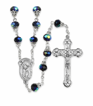 7.5mm Round Capped Black Glass Beads Rosary with Crucifix and Madonna Center