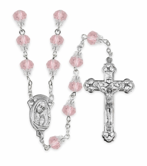 7.5mm Round Capped Rose Glass Beads Rosary with Crucifix and Madonna Center