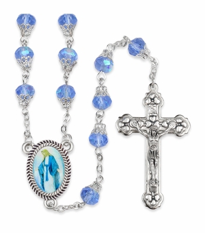 7.5mm Round Capped Sapphire Glass Beads Rosary with Crucifix and Miraculous Center