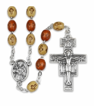 7.5mm Wood Bead Franciscan Rosary with Crucifix and St. Francis Center