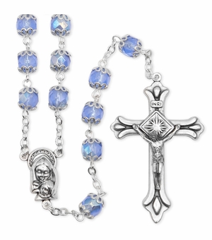 7mm Capped Light Blue Sapphire Bead Rosary with Crucifix and Madonna with Baby Center