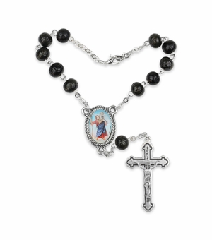 7mm Dark Wood Beads Auto Rosary with Crucifix and St. Christopher Center