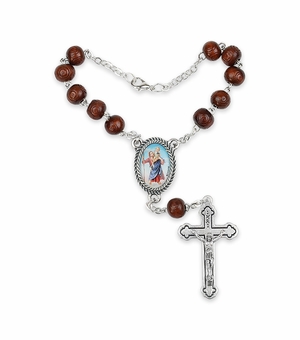 7mm Dark Wood Beads Auto Rosary with Crucifix and St. Christopher Center