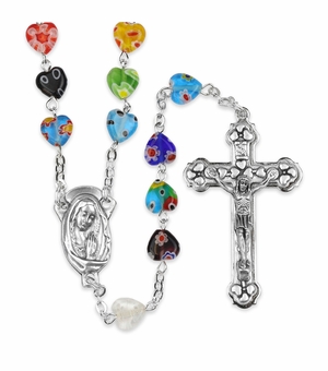 8mm Murano Glass Heart Bead Rosary with Crucifix and Madonna Center