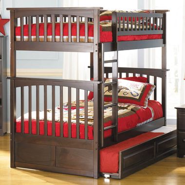 Antique Walnut Bunk Bed Set - Columbia Twin Over Twin Bunk Bed with Raised Panel Trundle Bed by Atlantic Furniture - Click to enlarge