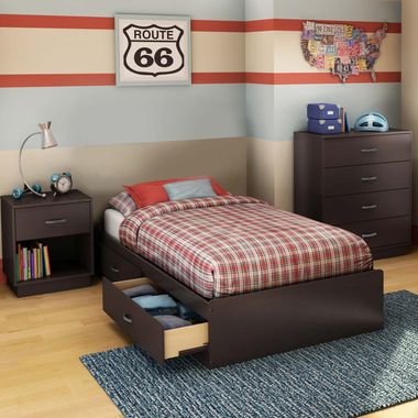 Chocolate Logik 3 Piece Bedroom Set - Logik Twin Mates Bed, 4 Drawer Chest and Nightstand by South Shore - Click to enlarge