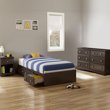 Chocolate Morning Dew 3 Piece Bedroom Set - Morning Dew Twin Mates Bed, Double Dresser and Nightstand by South Shore