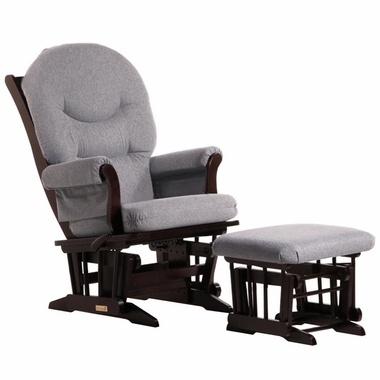 Espresso Sleigh Glider-Multiposition, Recline and Nursing Ottoman Set with Dark Grey Cushions by Dutailier - Click to enlarge