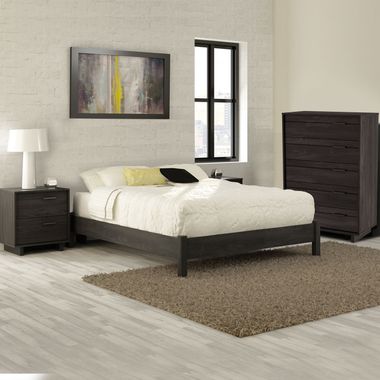 Gray Oak Fynn 4 Piece Bedroom Set - Fynn Full Platform Bed, 5 Drawer Chest and Nightstand by South Shore