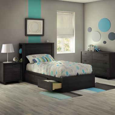 Gray Oak Fynn 4 Piece Bedroom Set - Fynn Twin Mates Bed, Headboard, Double Dresser and Nightstand by South Shore