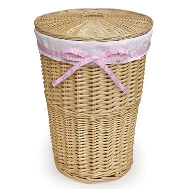 Natural Round Rattan Hamper with White Waffle Liner with 4 Ribbons by Badger Basket - Click to enlarge