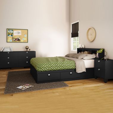 Pure Black Karma 4 Piece Bedroom Set - Karma Full Mates Bed, Bookcase Headboard, Double Dresser and Nightstand by South Shore - Click to enlarge