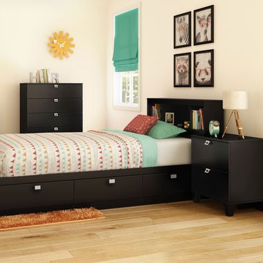 Pure Black Karma 4 Piece Bedroom Set - Karma Twin Mates Bed, Bookcase Headboard, 5 Drawer Chest and Nightstand by South Shore - Click to enlarge