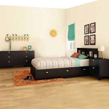 Pure Black Karma 4 Piece Bedroom Set - Karma Twin Mates Bed, Bookcase Headboard, Double Dresser and Nightstand by South Shore - Click to enlarge