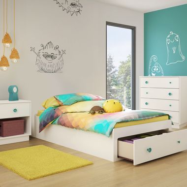 Pure White Little Monsters 3 Piece Bedroom Set - Little Monsters Twin Mates Bed, 4 Drawer Chest and Nightstand by South Shore