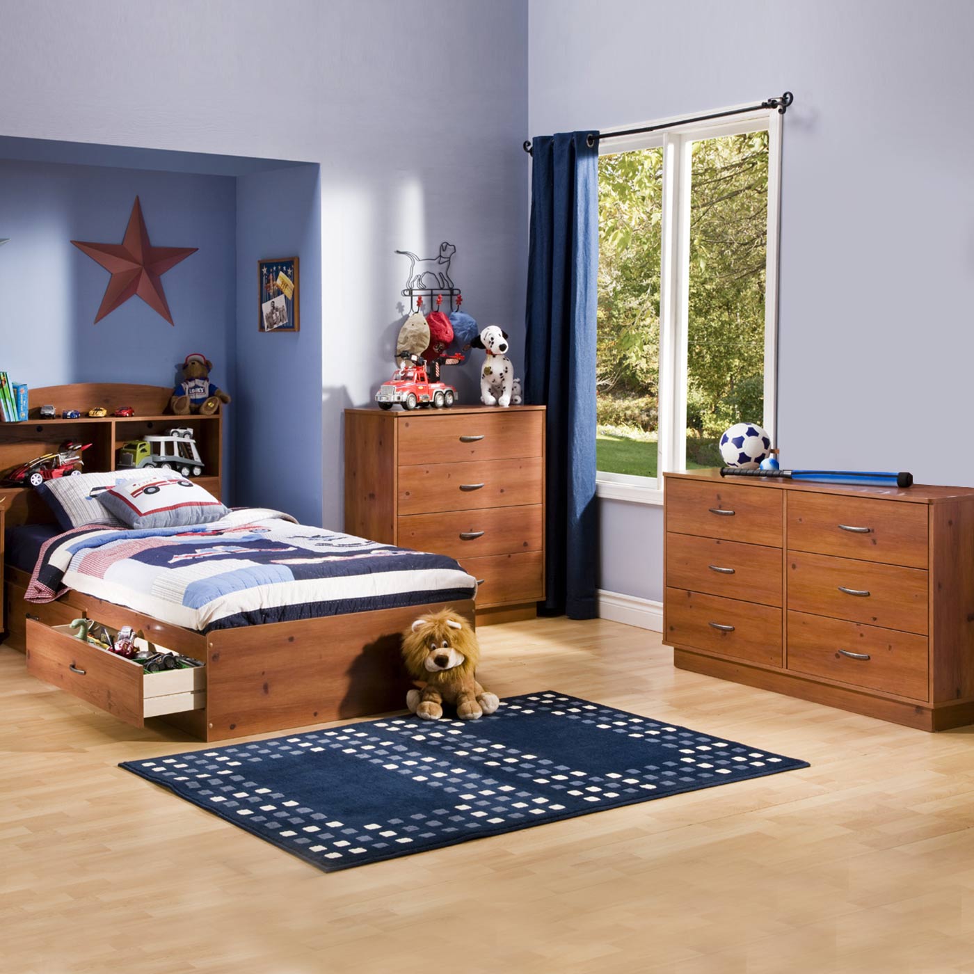 Sunny Pine Logik 4 Piece Bedroom Set - Logik Twin Mates Bed, Headboard,  Double Dresser and 4 Drawer Chest by South Shore, image size:1400x1400