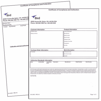 Certificate of Compliance and Calibration (CALDATA)