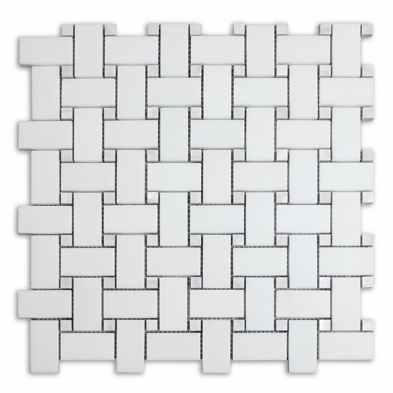 Meridian Basketweave Thassos with Mother of Pearl Dot Polished Mosaic 1" x 2"
