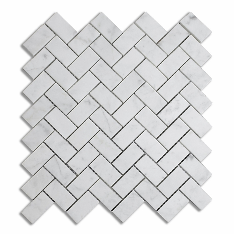 Meridian Herringbone Carrara White Polished Mosaic 1" x 2"