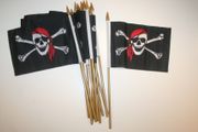 12 PIRATE SKULL & CROSS BONES WITH RED BANDANA 4" X 6" SMALL STICK FLAGS ON 10" POLE ... NEW