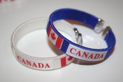 ***SOLD OUT ***2 CANADA BLUE & WHITE COUNTRY FLAG FLEXIBLE METAL NYLON BRACELETS ... CHOOSE YOUR COLOR CANADIAN ... NEW