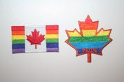 2 GAY & LESBIAN RAINBOW PRIDE IRON ON PATCHES CRESTS BADGES .. MAPLE LEAF & CANADA FLAG VARIETY .. NEW