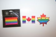 3 GAY & LESBIAN RAINBOW PRIDE IRON ON PATCHES CRESTS BADGES ... 2 FLAG PATCHES + 1 MAPLE LEAF PATCH .. NEW