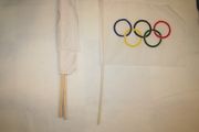6 OLYMPIC LOGO 12" X 18" LARGE STICK FLAG ON 2 FOOT POLE .. NEW