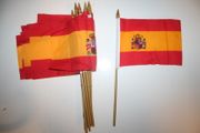 6 SPAIN COUNTRY 4"  X 6" SMALL STICK FLAGS ON 10" POLE .. ESPANA .. NEW