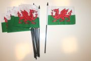 6 WALES COUNTRY 4" X 6" SMALL STICK FLAGS ON 10" POLE .. CYMRU .. NEW