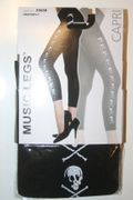 BLACK CAPRI SKULL & CROSS BONES PRINT OPAQUE FOOTLESS TIGHTS  BY MUSIC LEGS ... HALLOWEEN ... 100-175 LBS