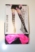 BLACK FANCY OPAQUE CROSS BONE PRINTS THIGH HIGHS STOCKINGS WITH PINK BOW ... 100 - 175 LBS NEW