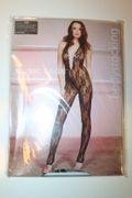 BLACK LACE UP FRONT CROTCHLESS FOOTLESS BODYSTOCKING WITH SPAGHETTI STRAP ... 100-175 LBS ... NEW IN PACKAGE