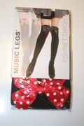 BLACK OPAQUE THIGH HIGHS STOCKINGS WITH RED POLKA DOT BOW BY MUSIC LEGS 100-175 LBS ... NEW