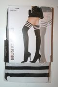 BLACK THIGH HIGH STOCKINGS WITH WHITE AND BLACK STRIPE TOP ... 100-175 LBS ... NEW IN PACKAGE