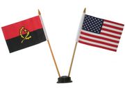 USA & ANGOLA SMALL 4" X 6" INCHES MINI DOUBLE COUNTRY STICK FLAG BANNER WITH BLACK STAND ON A 10" INCH PLASTIC POLE .. NEW