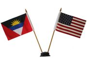USA & ANTIGUA SMALL 4" X 6" INCHES MINI DOUBLE COUNTRY STICK FLAG BANNER WITH BLACK STAND ON A 10" INCH PLASTIC POLE .. NEW