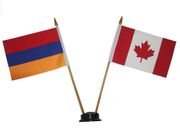 CANADA & ARMENIA SMALL 4" X 6" INCHES MINI DOUBLE COUNTRY STICK FLAG BANNER WITH BLACK STAND ON A 10" INCH PLASTIC POLE .. NEW