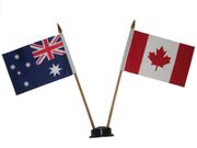 CANADA & AUSTRALIA SMALL 4" X 6" INCHES MINI DOUBLE COUNTRY STICK FLAG BANNER WITH BLACK STAND ON A 10" INCH PLASTIC POLE .. NEW