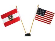 USA & AUSTRIA SMALL 4" X 6" INCHES MINI DOUBLE COUNTRY STICK FLAG BANNER WITH BLACK STAND ON A 10" INCH PLASTIC POLE .. NEW