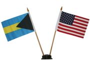 USA & BAHAMAS SMALL 4" X 6" INCHES MINI DOUBLE COUNTRY STICK FLAG BANNER WITH BLACK STAND ON A 10" INCH PLASTIC POLE .. NEW