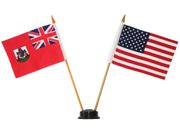 USA & BERMUDA SMALL 4" X 6" INCHES MINI DOUBLE COUNTRY STICK FLAG BANNER WITH BLACK STAND ON A 10" INCH PLASTIC POLE .. NEW