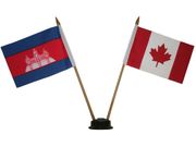 CANADA & CAMBODIA SMALL 4" X 6" INCHES MINI DOUBLE COUNTRY STICK FLAG BANNER WITH BLACK STAND ON A 10" INCH PLASTIC POLE .. NEW